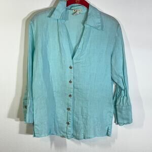 Five Diamonds Aqua Blue Linen Shirt Long Sleeve Button Up Women's Size Medium